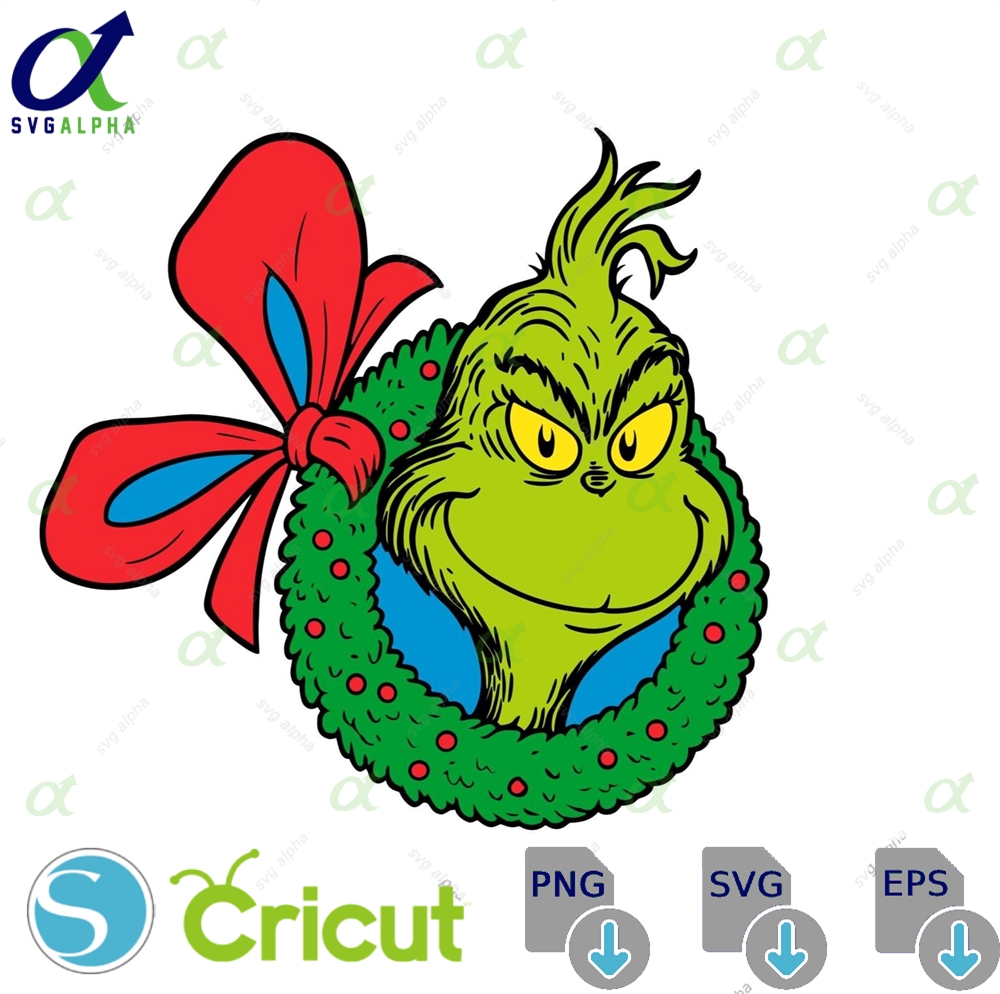 Grinch Christmas Wreath Svg Png Funny Holiday Clipart With Red Bow Xmas Cricut Cut File Grinchmas Shirt Mug Decor
